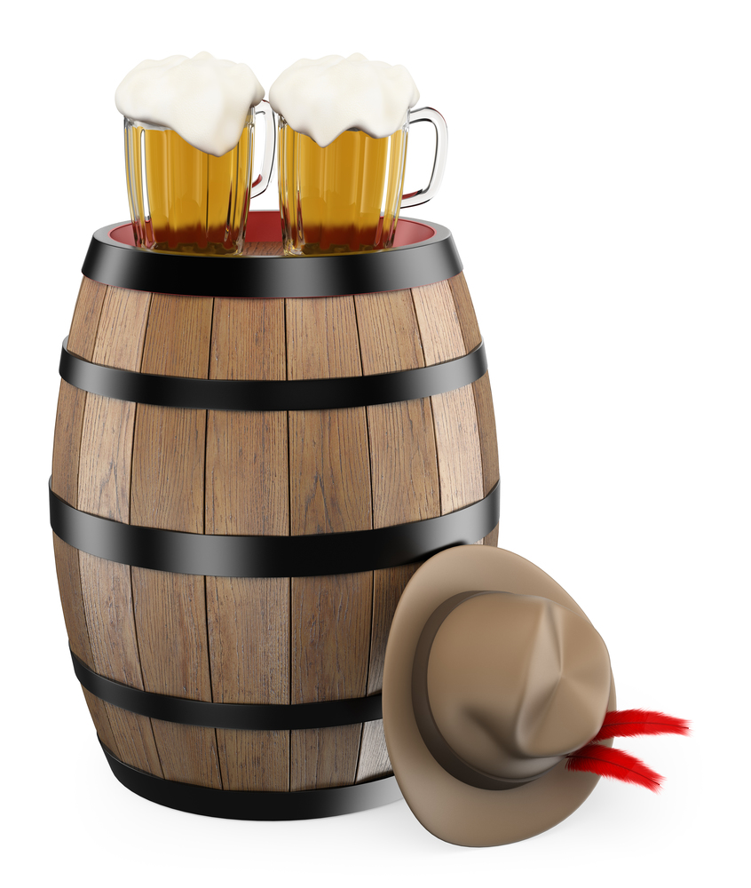 3D oktoberfest. Barrel. Mug of beer. Traditional hat. Isolated white background.