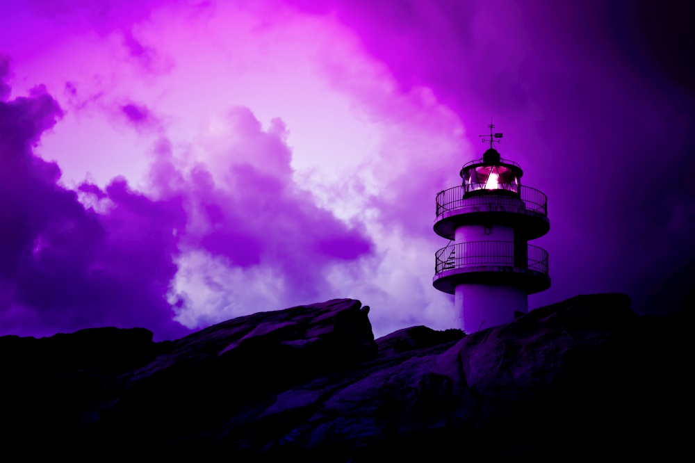 Neon colored Landscape with Working Lighthouse and Bad Weather cloudscape. Purple color backdrop