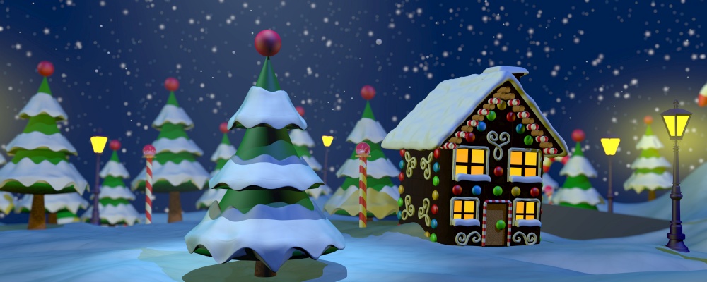 Night view of a small town with a Christmas tree in the middle of the park surrounded by snow-covered trees, chocolate house and candy bars, landscape with starry sky and blue light. 3D Illustration. Night view of a small town with a Christmas tree in the park surrounded by snow-covered trees, chocolate house and candy bars, landscape with starry sky and blue light. 3D Illustration