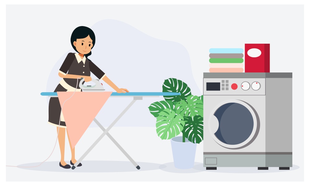 Maid is ironing clothes.Housework concept, Flat vector cartoon character illustration.