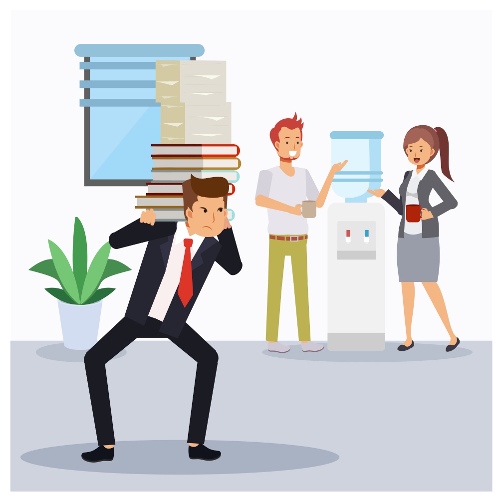 Office Colleagues Talking To Each Other at Water Cooler in office while one of a businessman is carrying a heavy stack of papers. Need help. Angry due to someone are slacking off work.
