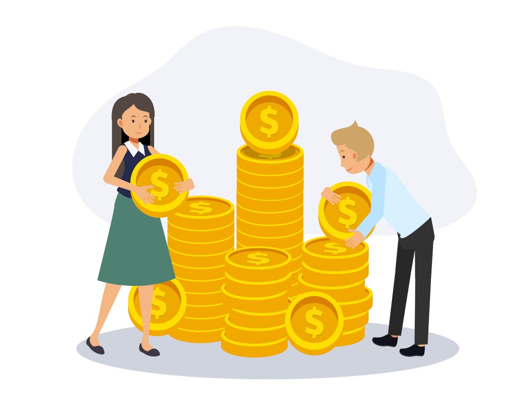 Man and woman helping each other to saving money,woman carrying a coin.financial concept of savings. Flat vector cartoon character illustration.