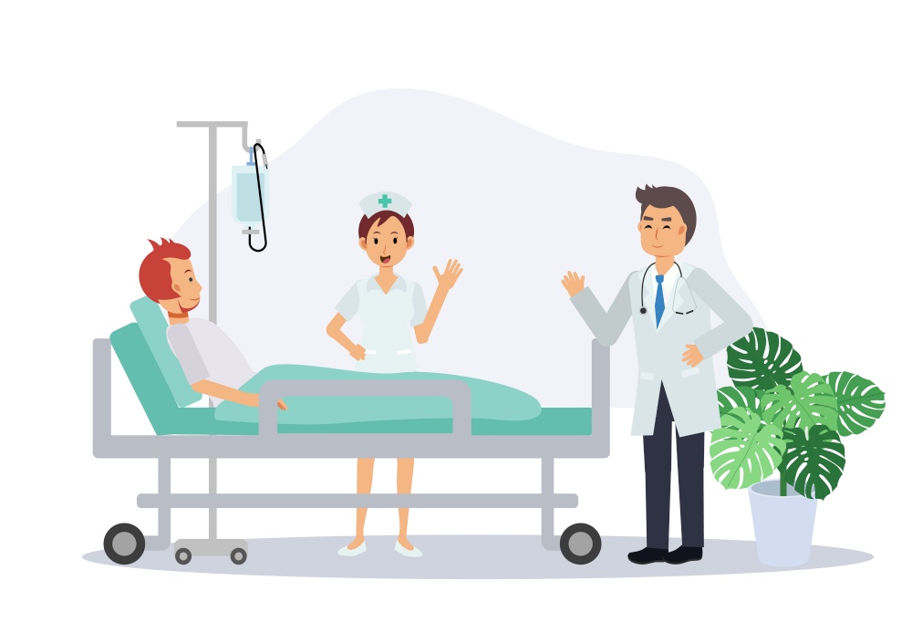 Doctors and nurse are visiting patients in ward.man lying in bed in hospital room. Flat vector cartoon character illustration.