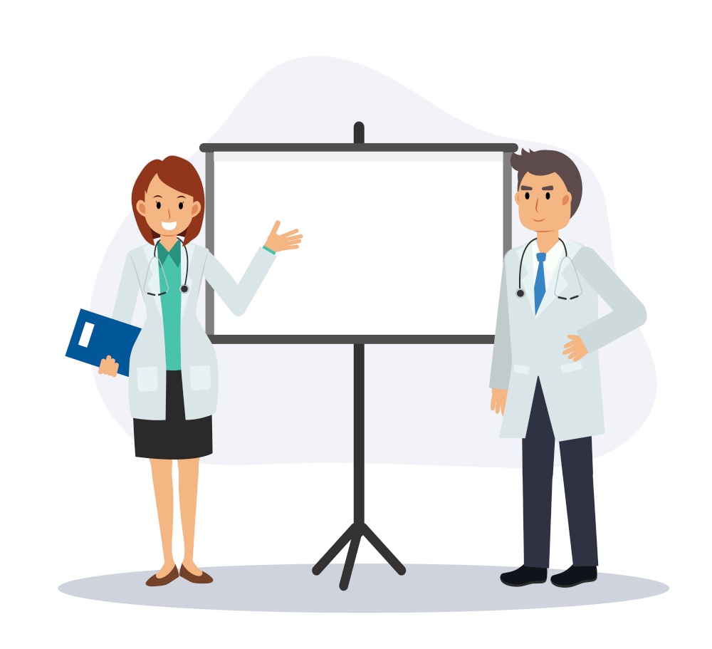 male and female doctors are giving presentation. Flat vector cartoon character illustration.