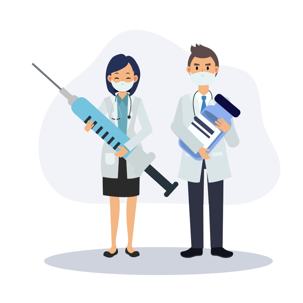 vaccination concept. Covid-19. Male and female doctors in masks with syringe and vaccine. Healthcare, coronavirus. Flat vector cartoon character illustration.