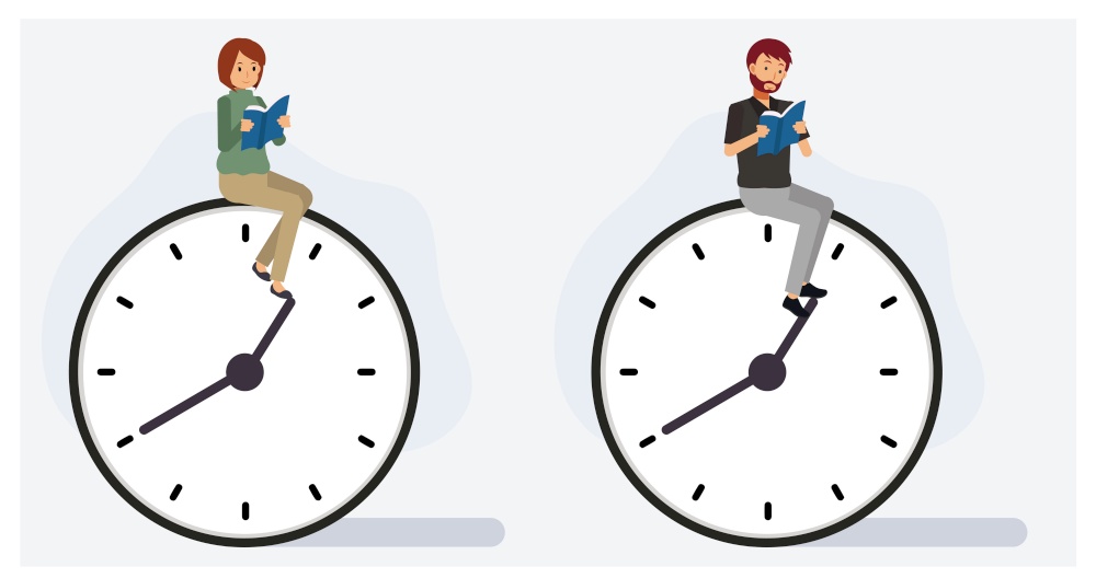 Set of man and woman reading a book on clock. free time concept.Flat vector 2D cartoon character illustration.