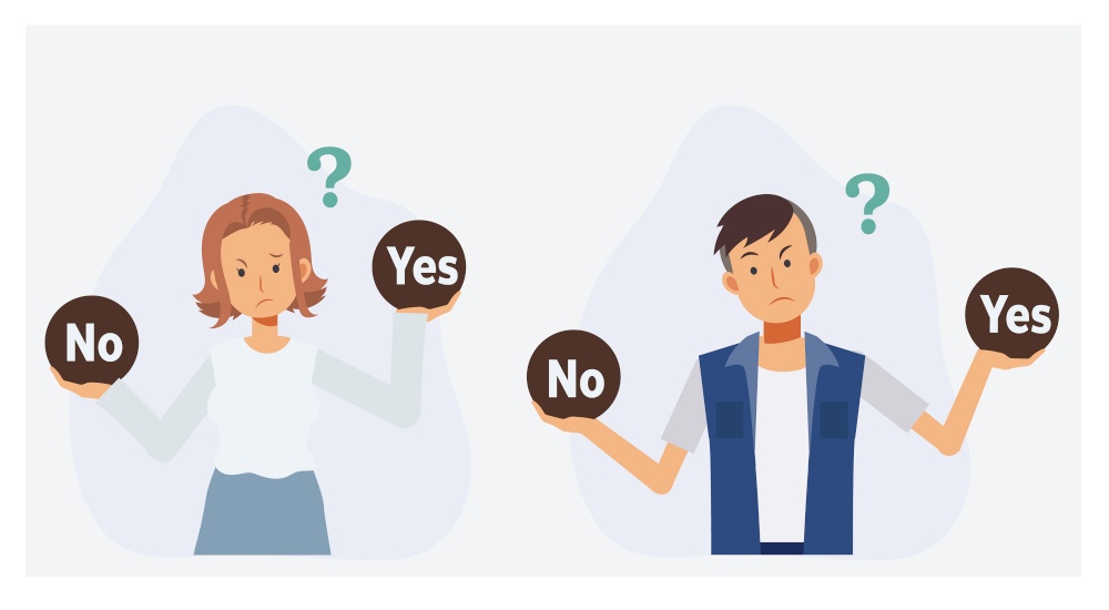 People making decision Yes or No. thinking confused. Flat vector 2D cartoon character illustration.