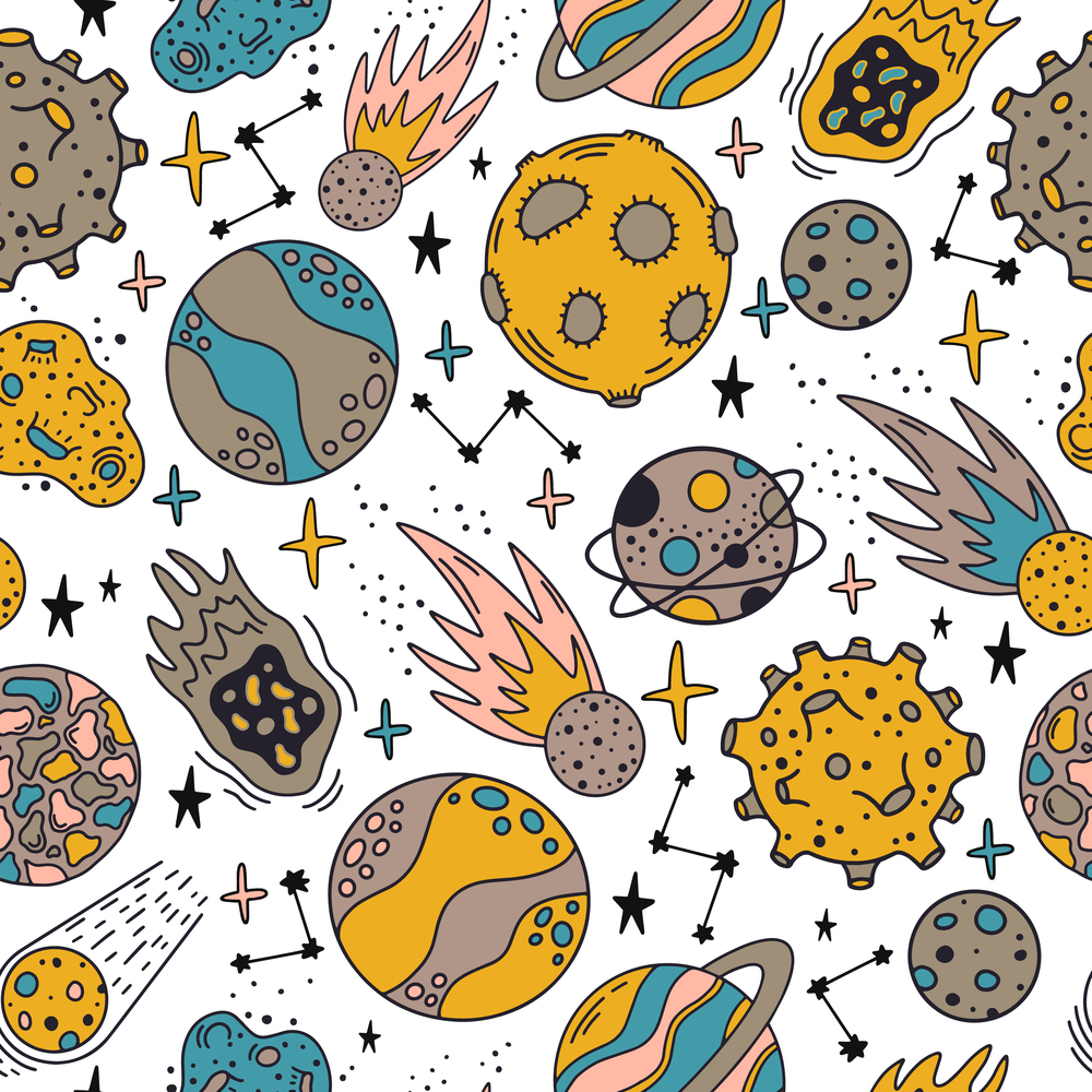 Space planets pattern. Cute hand drawn planets and stars seamless pattern. Cosmic elements vector background illustration. Astronomical bodies or celestial objects, constellation backdrop. Space planets pattern. Cute hand drawn planets and stars seamless pattern. Cosmic elements vector background illustration