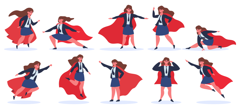 Businesswoman superhero. Female superhero character in superhero action poses in red cloak. Super hero powerful lady vector illustration set. Office manager in costume, leadership concept. Businesswoman superhero. Female superhero character in superhero action poses in red cloak. Super hero powerful lady vector illustration set