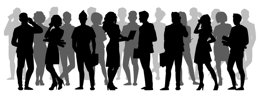 Crowd silhouette. People group shadow silhouettes, adult male and female anonymous characters. Business people silhouettes vector illustration set. Woman holding laptop, man talking on mobile phone. Crowd silhouette. People group shadow silhouettes, adult male and female anonymous characters. Business people silhouettes vector illustration set