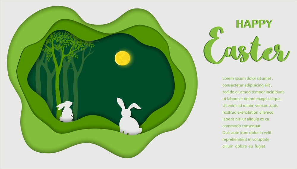 Happy Easter background,paper art landscape with hare on spring forest,vector illustration