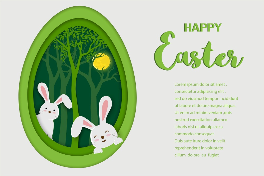 Happy Easter greeting card with paper art of bunny in egg shape background,vector illustration