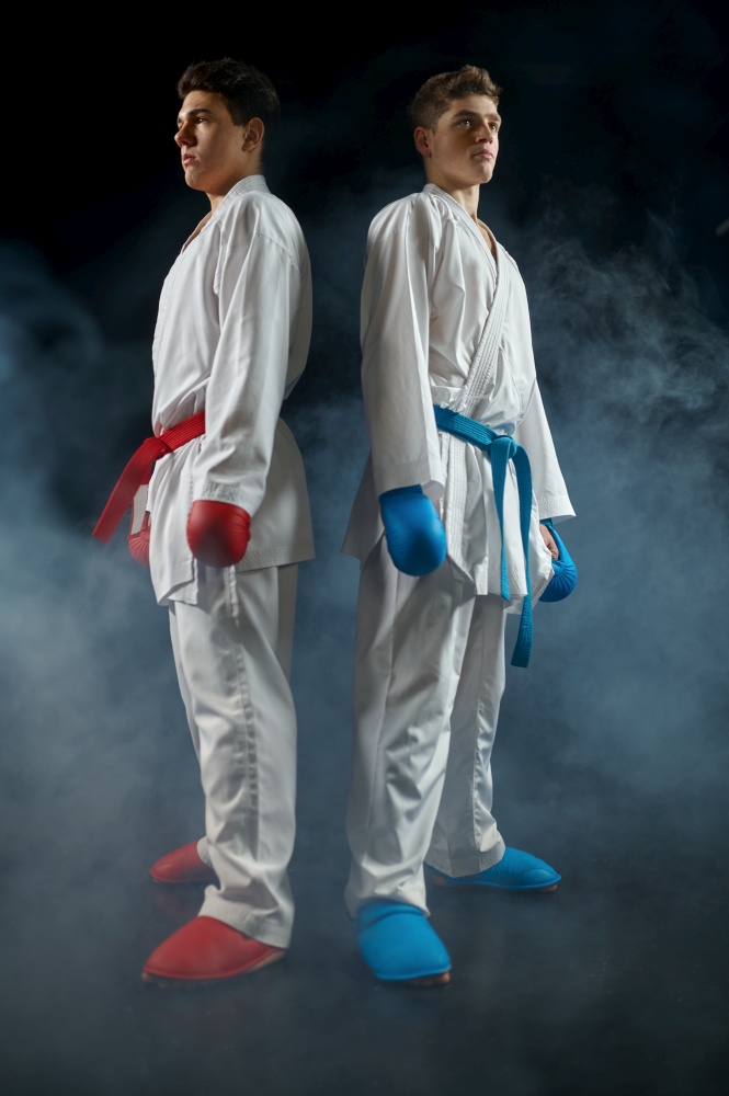 Two male karatekas poses in white kimono and gloves, strike, dark background. Fighters on workout, martial arts, fighting competition. Two karatekas poses in white kimono and gloves