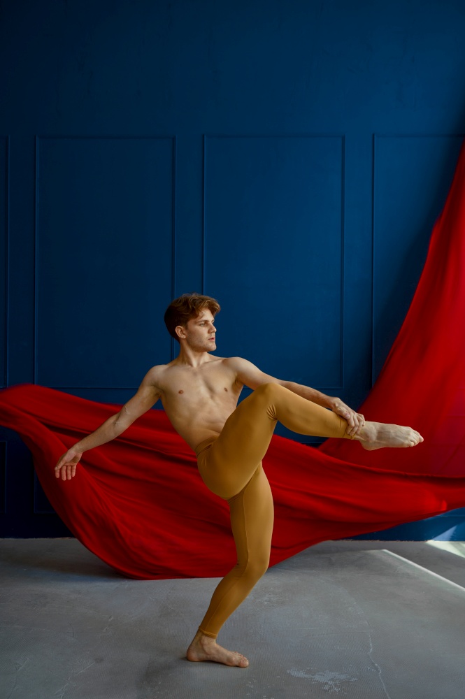 Male ballet dancer, balance exercise in dancing studio, blue walls and red cloth on background. Performer with muscular body, grace and elegance of movements. Male ballet dancer, balance exercise in studio