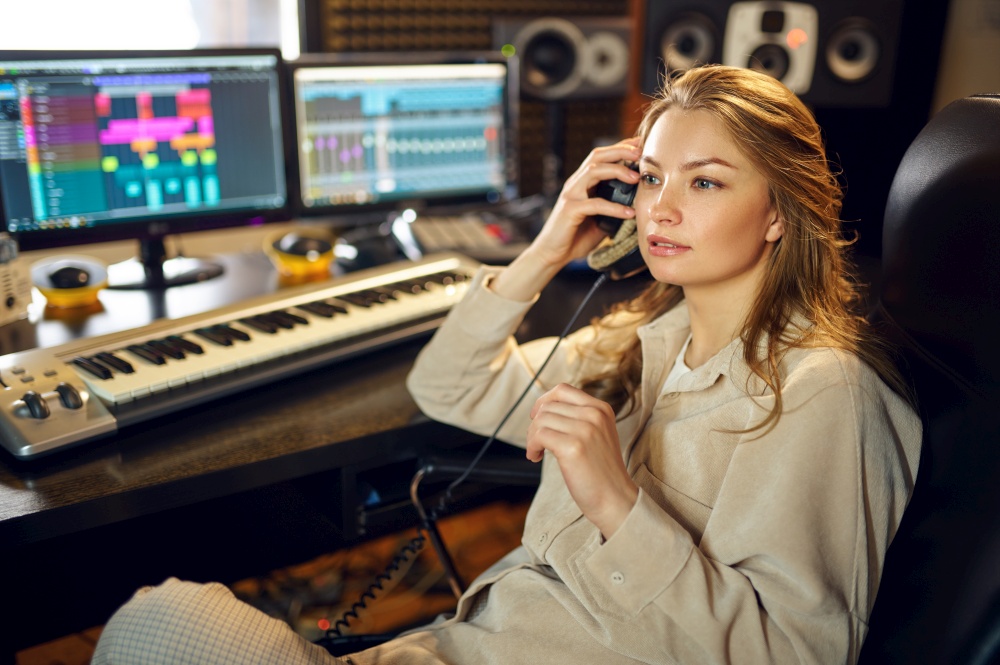 Female dj in headphones listening record, recording studio interior on background. Synthesizer and audio mixer, musician workplace, creative process. Female dj listening record, recording studio
