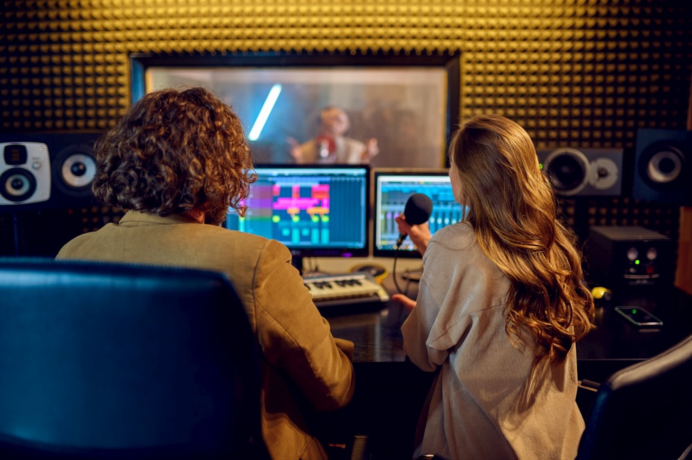 Musicians at mixing console, recording studio interior on background. Synthesizer and audio mixer, musician workplace, creative process, song record. Musicians at mixing console, recording studio