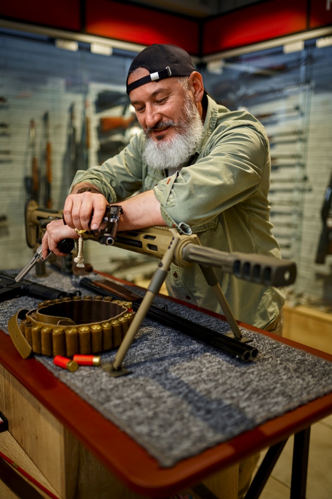 Bearded man poses at powerful rifle in gun store. Weapon shop interior, ammo and ammunition assortment, firearms choice, shooting hobby and lifestyle, self protection. Bearded man poses at powerful rifle in gun store