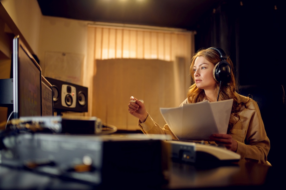 Female sound engineer in headphones, recording studio interior on background. Synthesizer and audio mixer, musician workplace, creative process. Female engineer in headphones, recording studio