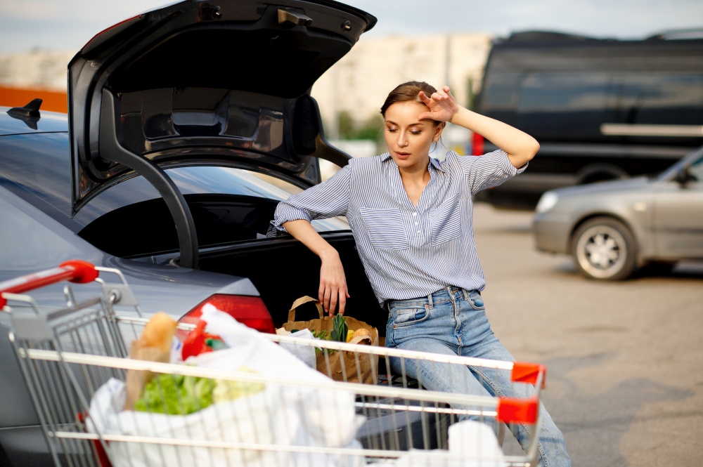 Tired woman with cart puts her purchases in car trunk on supermarket parking. Happy customer carrying purchases from the shopping center, vehicles on background. Tired woman with cart puts her purchases in car trunk