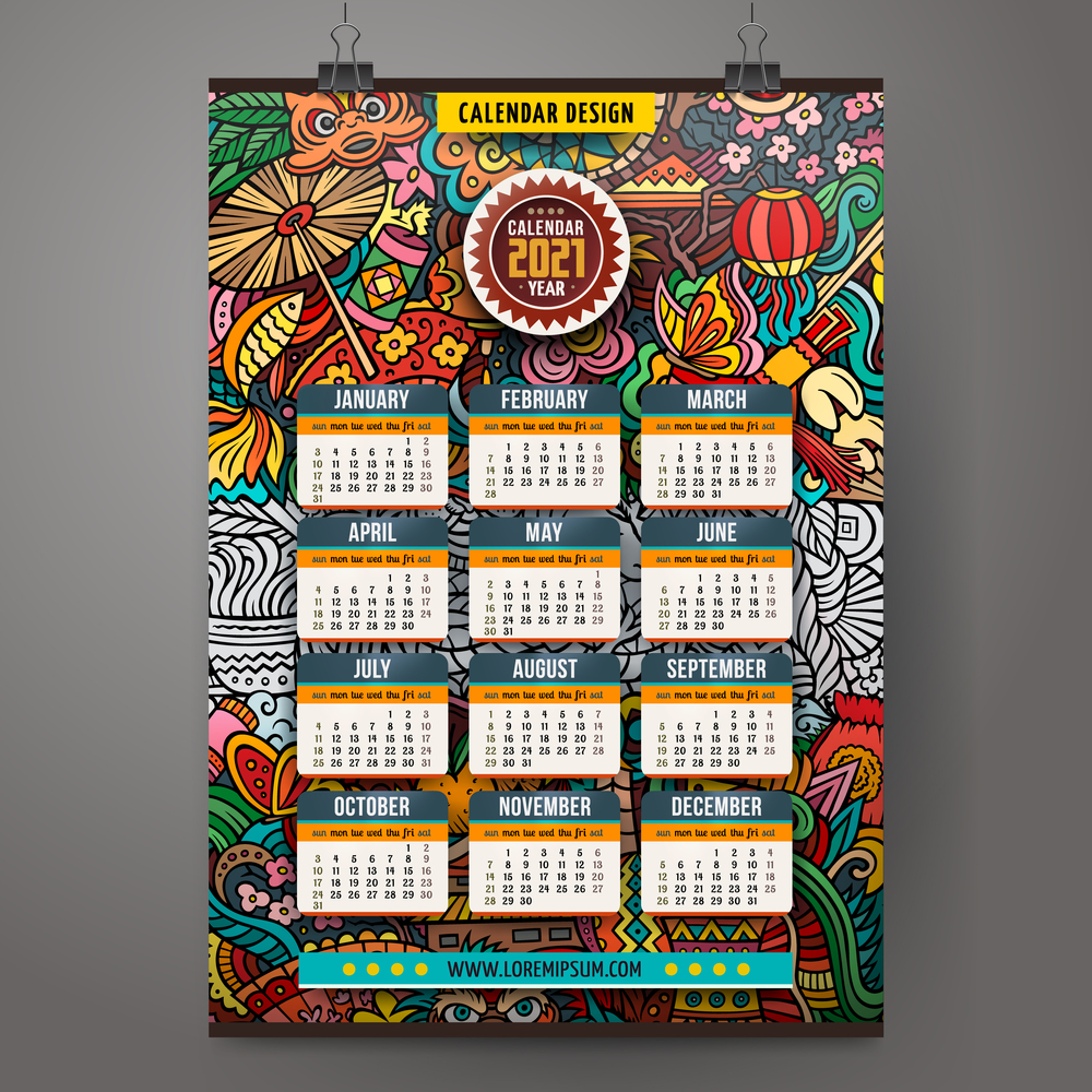 Cartoon colorful hand drawn doodles Chinese New Year 2021 calendar template. Very detailed illustration. Funny vector artwork. Corporate identity design.. Cartoon colorful hand drawn doodles Chinese New Year 2021 calendar
