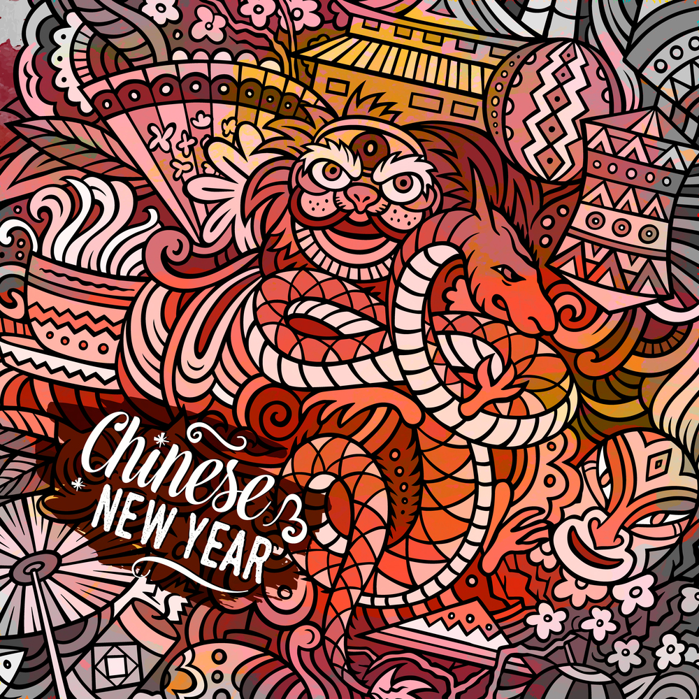 Chinese New Year hand drawn vector doodles illustration. China poster design. Funny elements and objects cartoon background. Bright colors picture. Chinese New Year hand drawn vector doodles illustration.