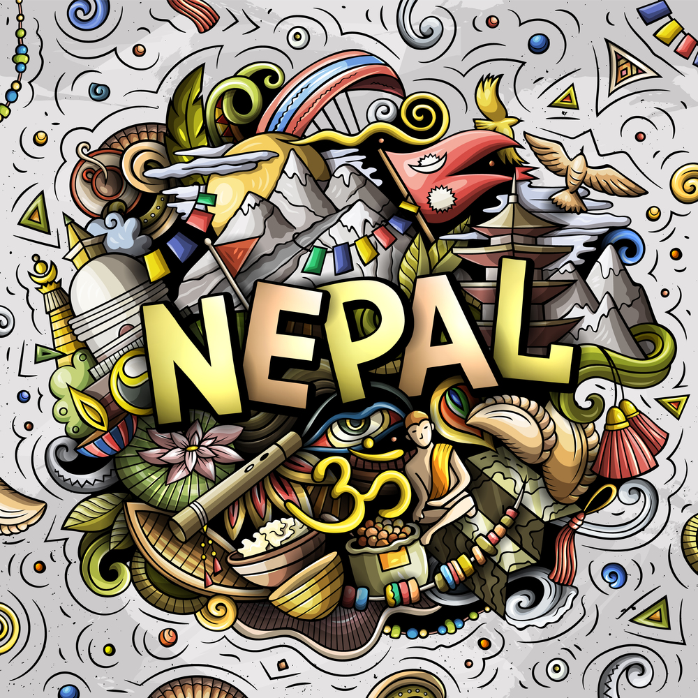 Nepal hand drawn cartoon doodles illustration. Funny travel design. Creative art vector background. Handwritten text with elements and objects. Colorful composition. Nepal hand drawn cartoon doodles illustration.