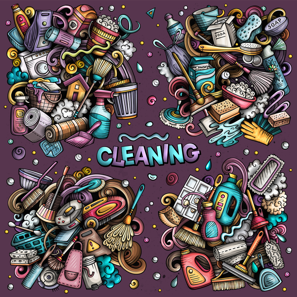 Cleaning cartoon vector doodle designs set. Colorful detailed compositions with lot of clean up objects and symbols. All items are separate. Cleaning cartoon vector doodle designs set.