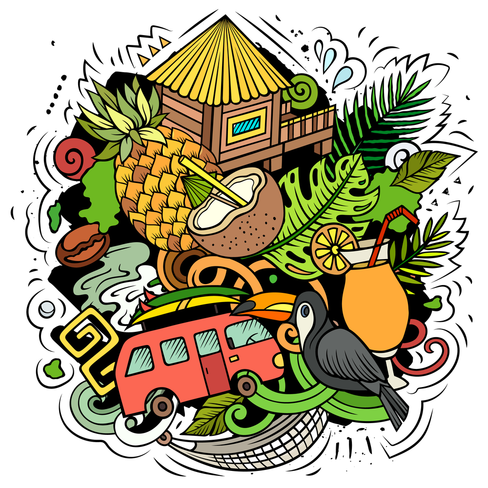 Hawaii cartoon vector doodle design. Colorful detailed composition with lot of Hawaiian objects and symbols. All items are separate. Hawaii cartoon vector doodle design