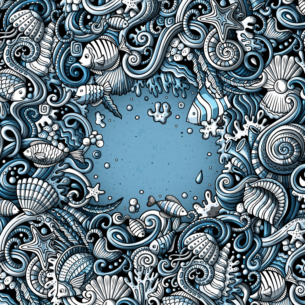 Cartoon hand-drawn doodles on the subject of Underwater life frame border. Monochrome detailed, with lots of objects vector background. Cartoon hand-drawn doodles Underwater life illustration