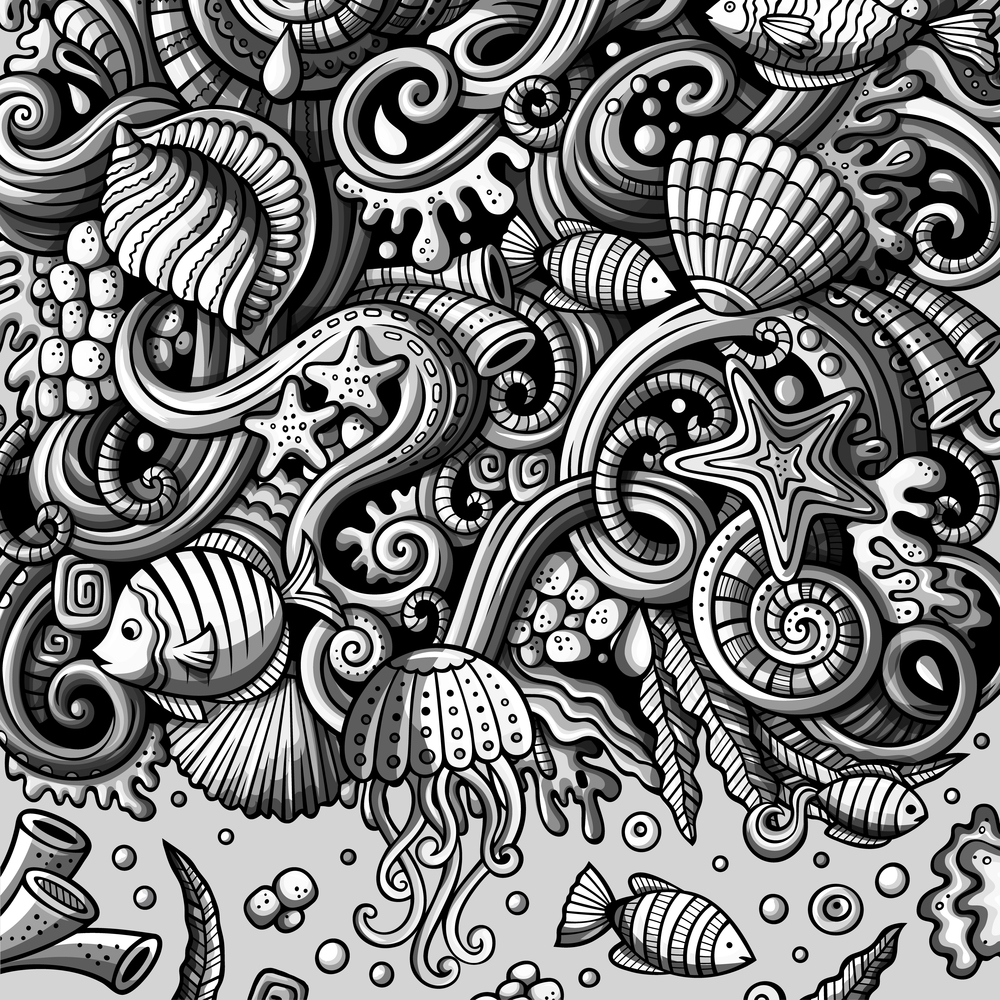 Cartoon hand-drawn doodles on the subject of Underwater life frame border. Monochrome detailed, with lots of objects vector background. Cartoon hand-drawn doodles Underwater life illustration