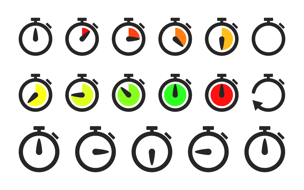 Timer countdown vector flat collection. Stopwatch clock minute and second measurement isolated set illustration.