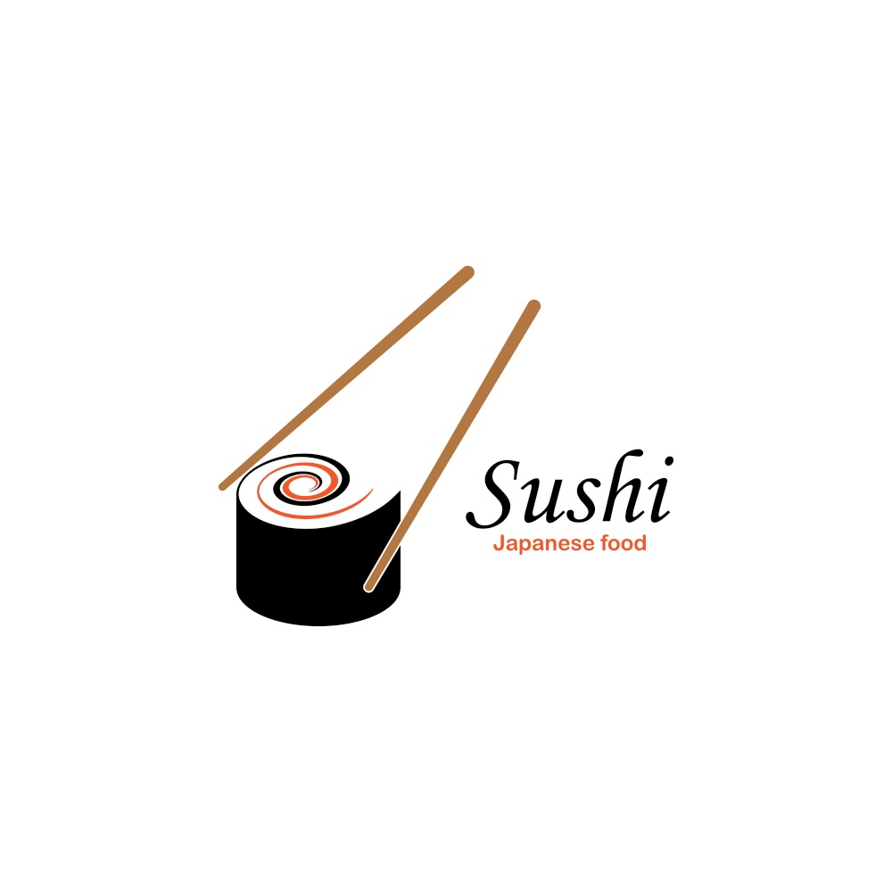 Sushi and rolls with chopstick bar or restaurant vector logo template. Japanese or chinese traditional cuisine, tasty food icon.