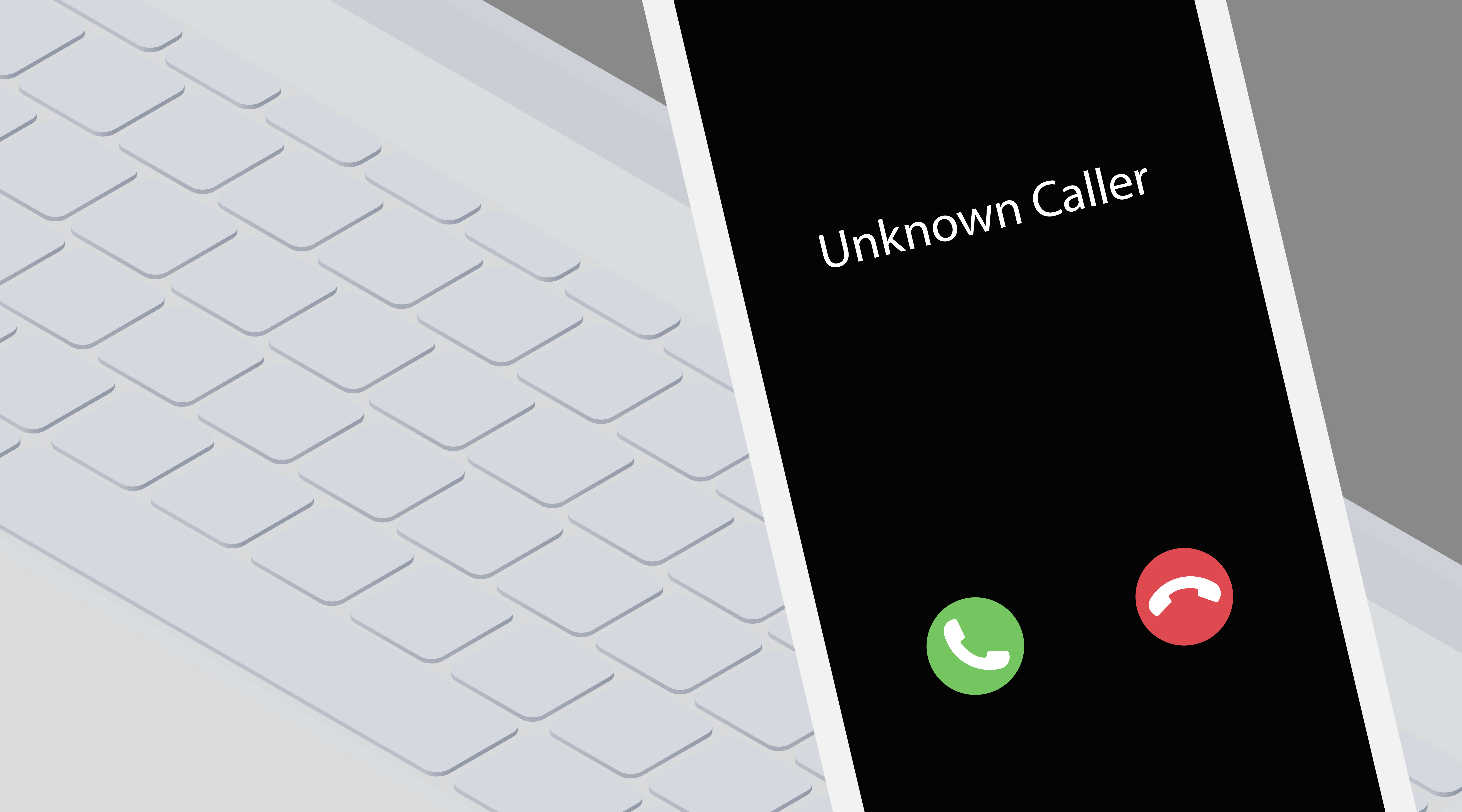 Unknown caller during work. Isometric vector illustration. White smartphone on a laptop keyboard background. Phone interface with two icons accept or reject a call