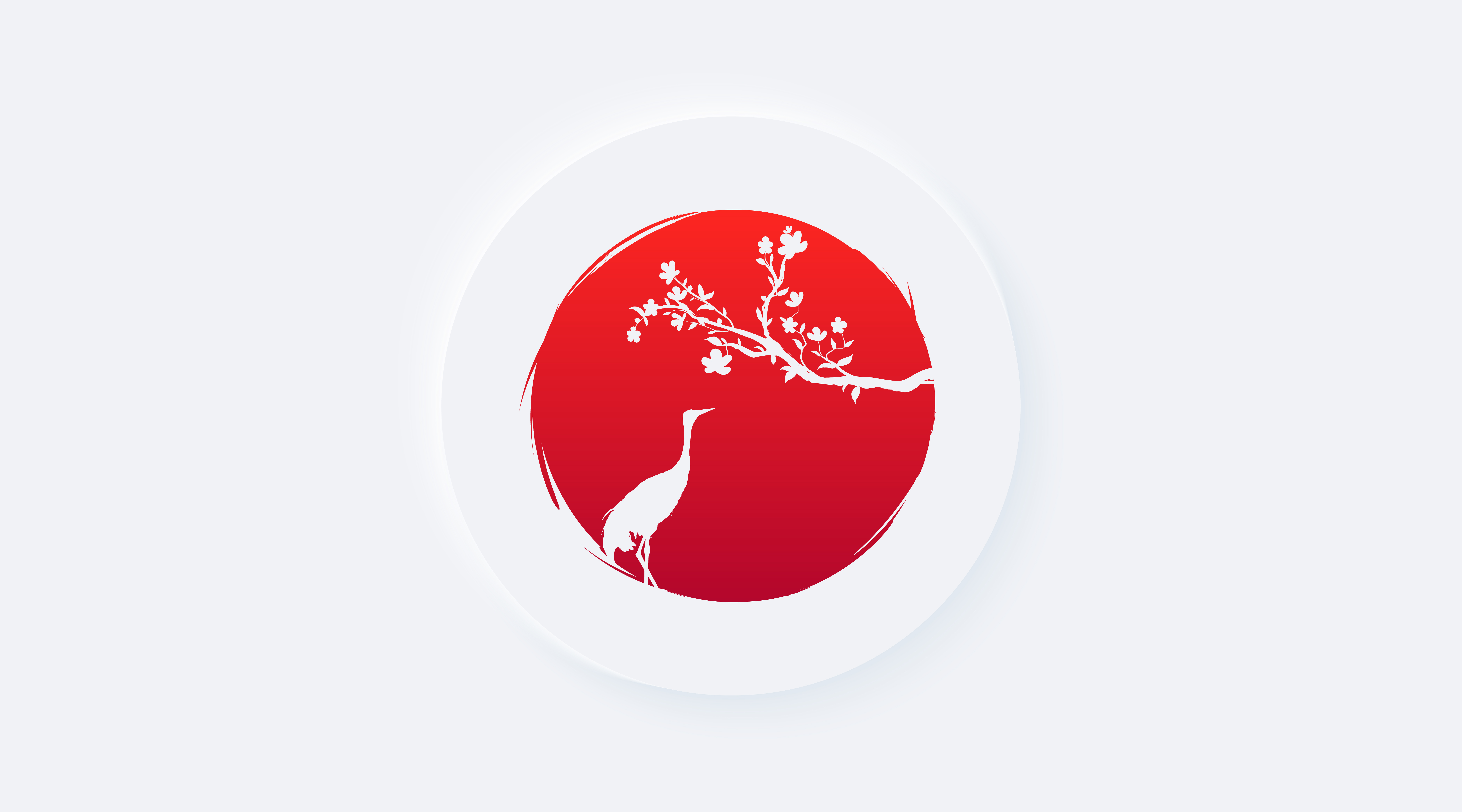 Red flag of Japan icon. Bright white gradient button. Silhouette blossoms branch sakura flowers and crowned crane bird on background red sun. Grus japonensis. Neumorphic effect streaming icon