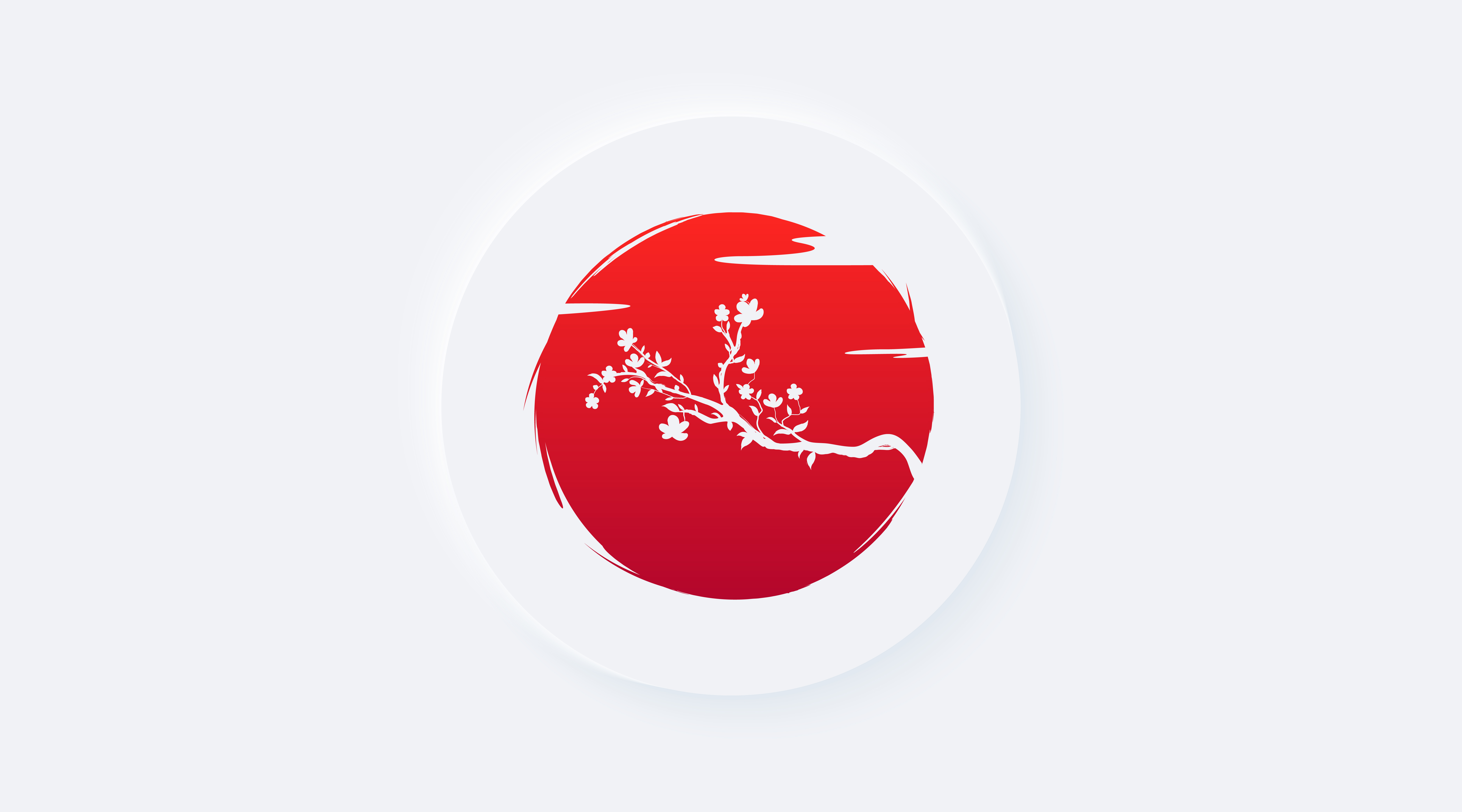 Red flag of Japan icon. Bright white gradient button. Silhouette blossoms branch sakura flowers and cloud on background red sun. Neumorphic effect streaming icon