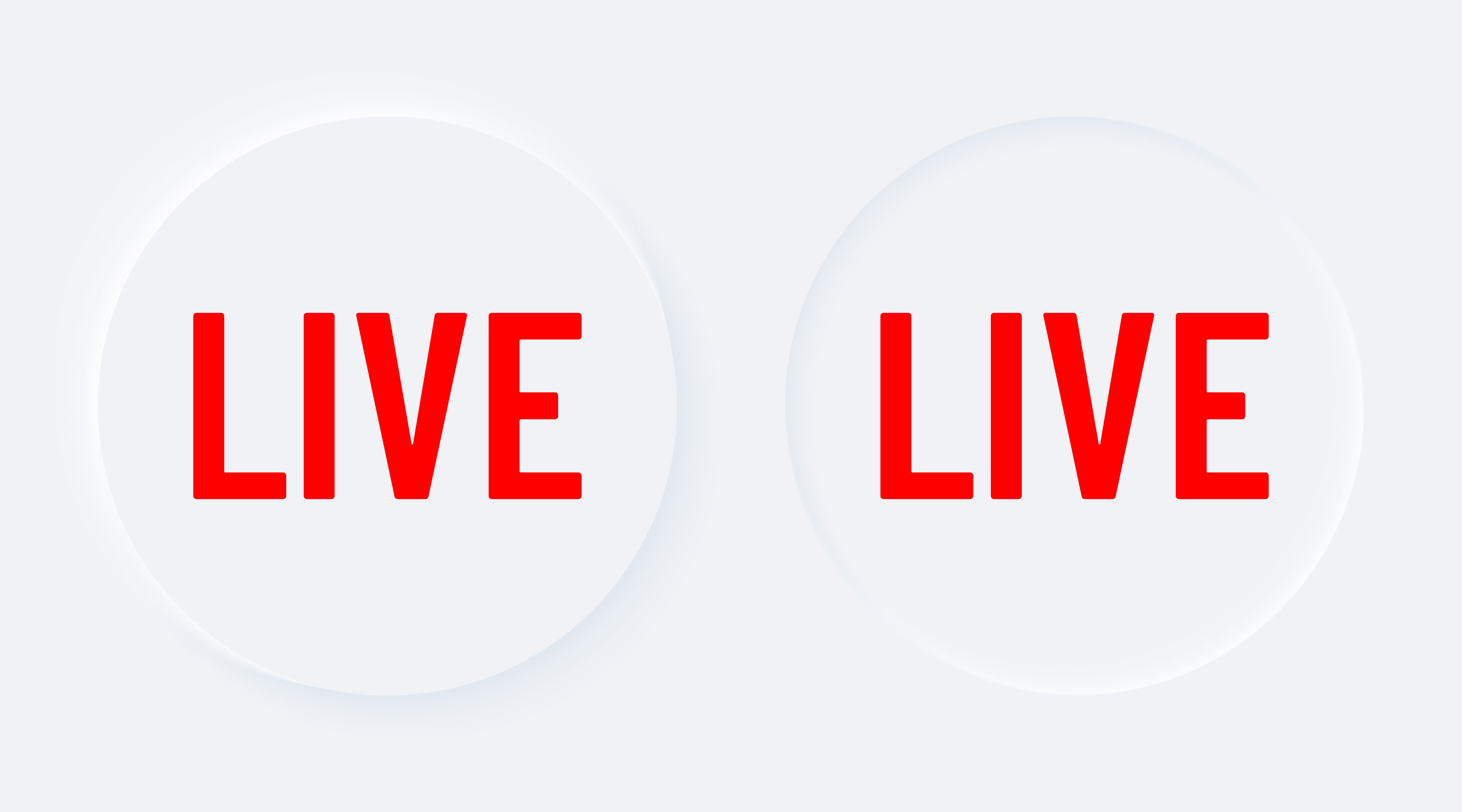 Red live. Bright white gradient circle buttons. Internet symbol broadcasting, online stream on a background. Neumorphic effect streaming icon