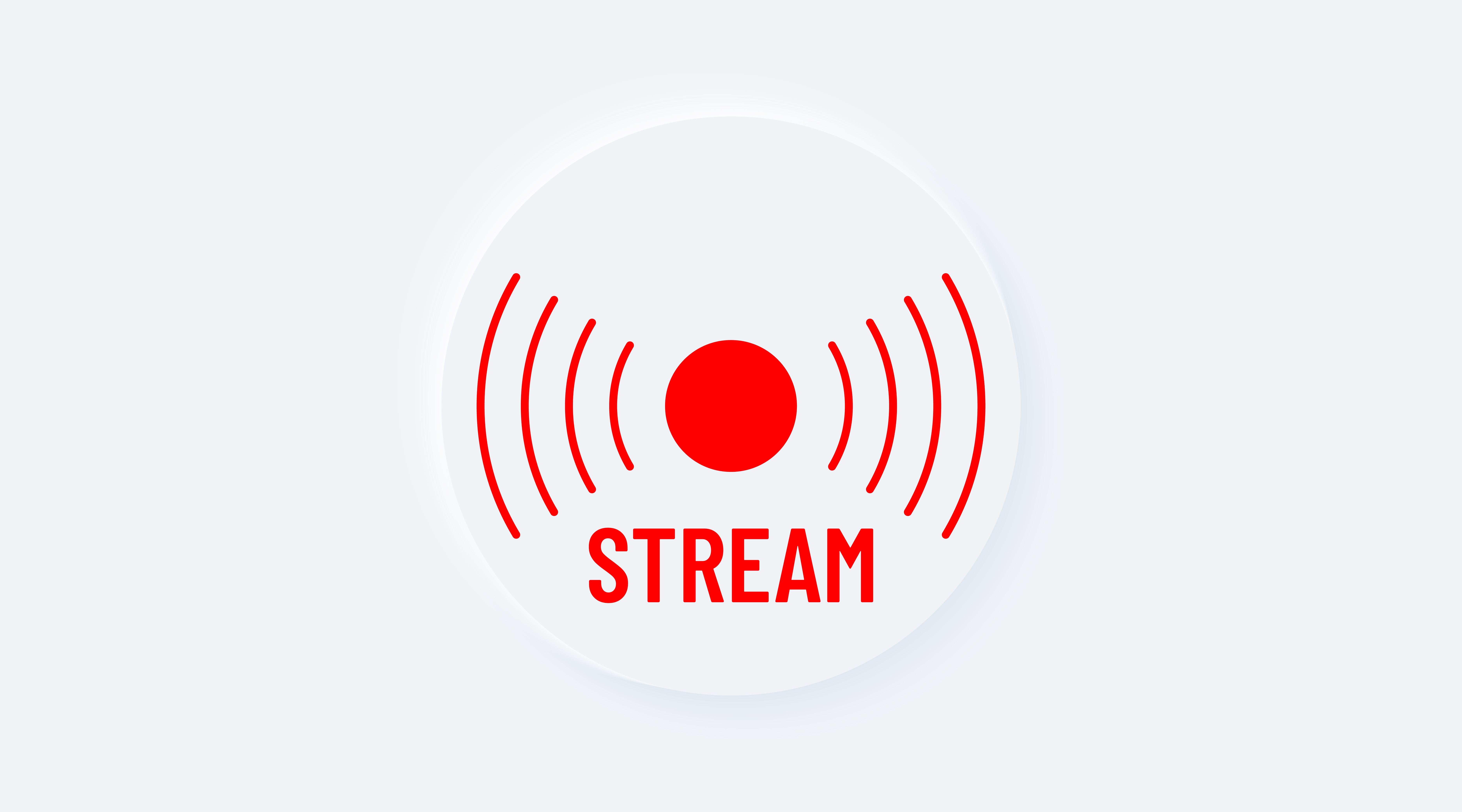 Red stream. Bright white gradient circle button. Internet symbol broadcasting, online stream on a background. Neumorphic effect streaming icon