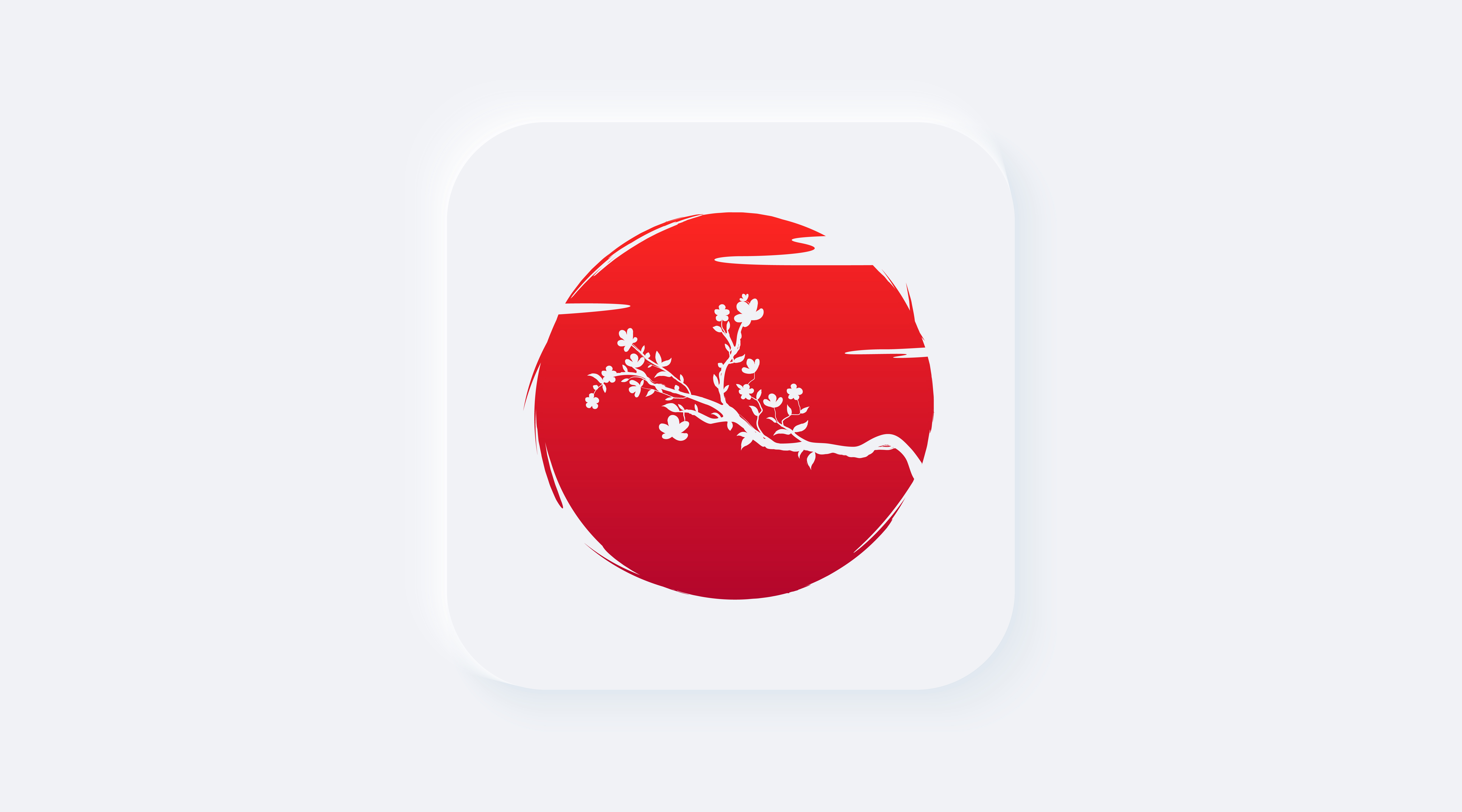 Red flag of Japan icon. Bright white gradient square button. Silhouette blossoms branch sakura flowers and cloud on background red sun. Neumorphic effect