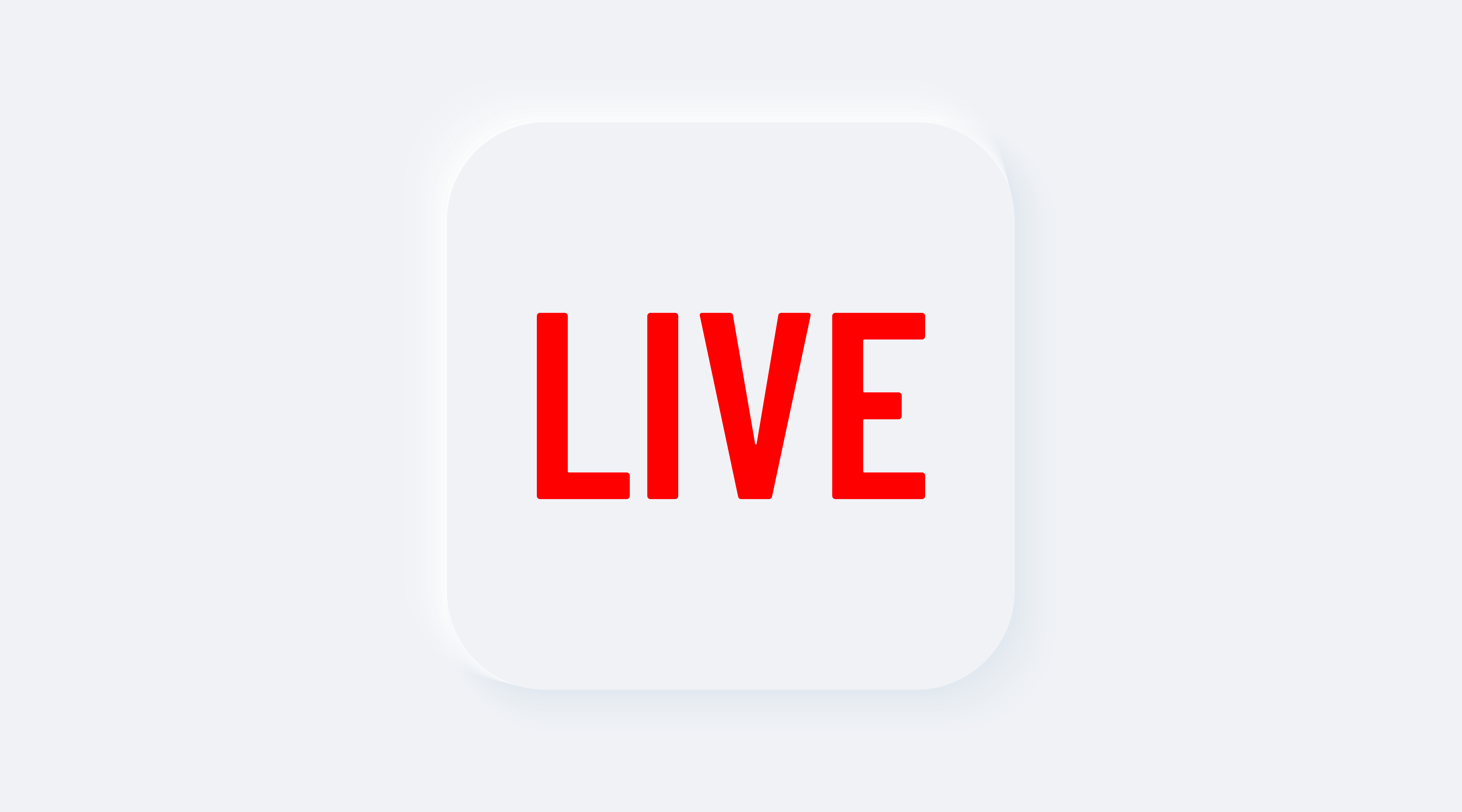 Red live. Bright white gradient square button. Internet symbol broadcasting, online stream on a background. Neumorphic effect streaming icon