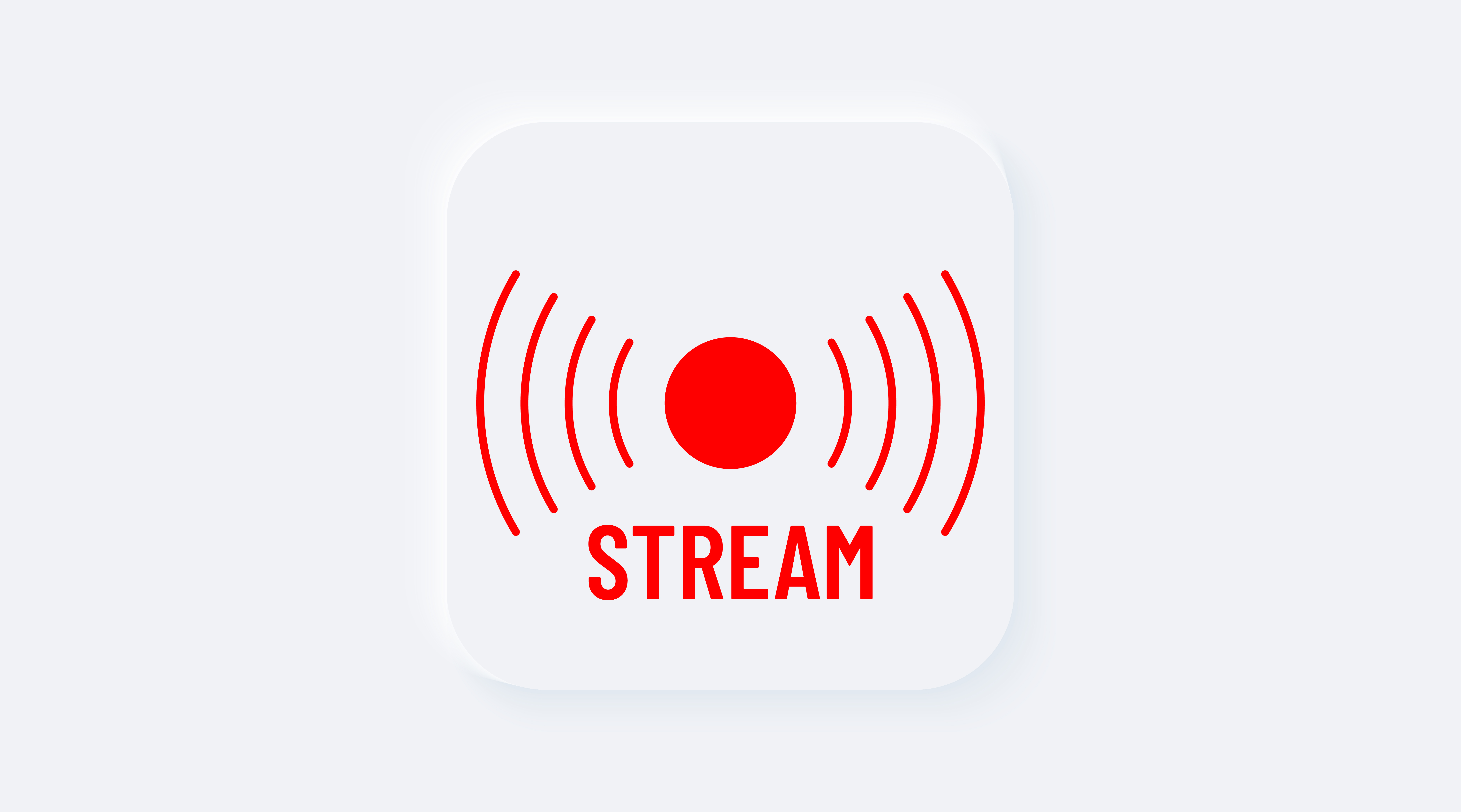 Red stream. Bright white gradient square button. Internet symbol broadcasting, online stream on a background. Neumorphic effect streaming icon