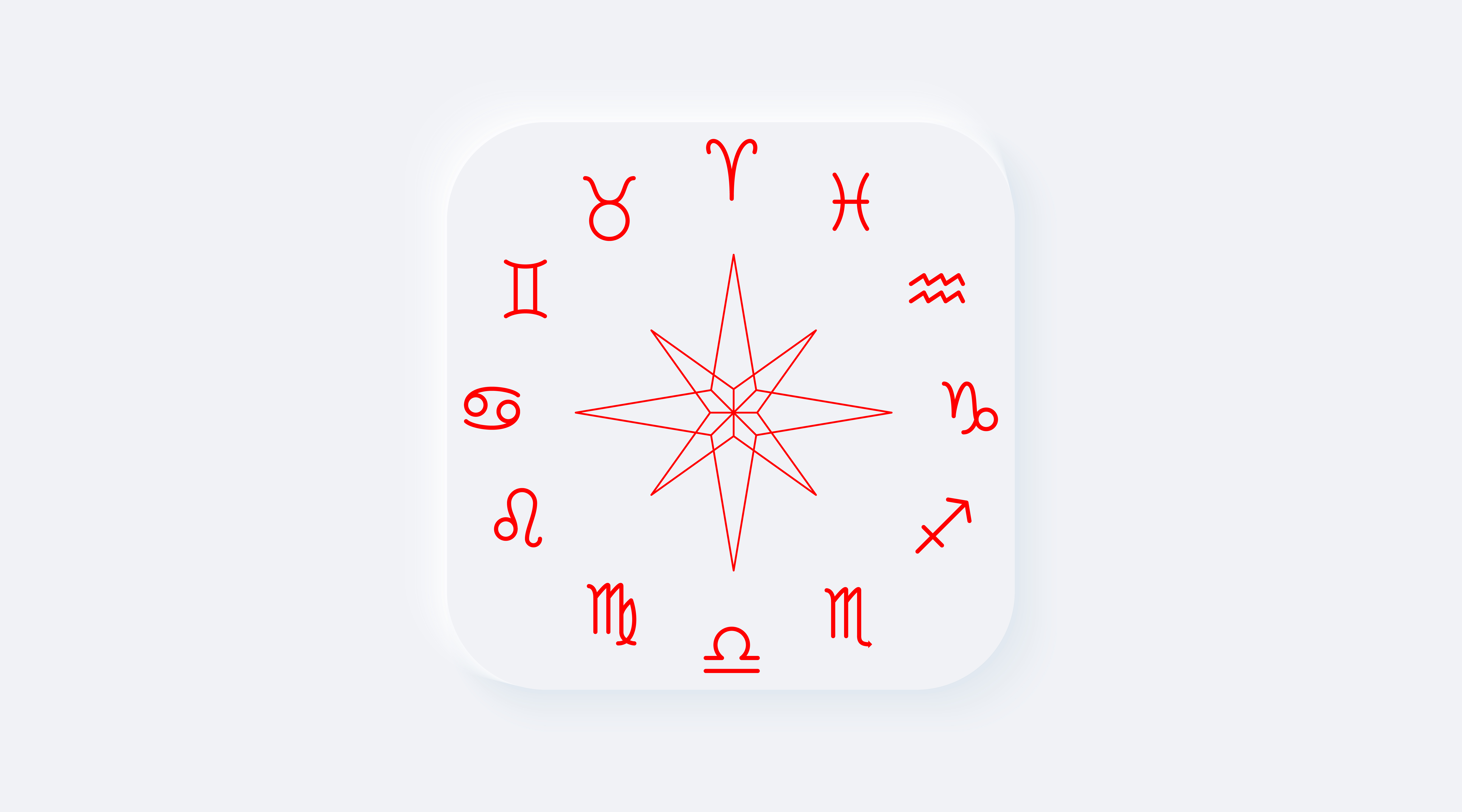 Bright red gradient square button with horoscope zodiac signs. Neumorphic effect icon. Shaped figure in trendy soft 3D style. Astrological pictogram symbols