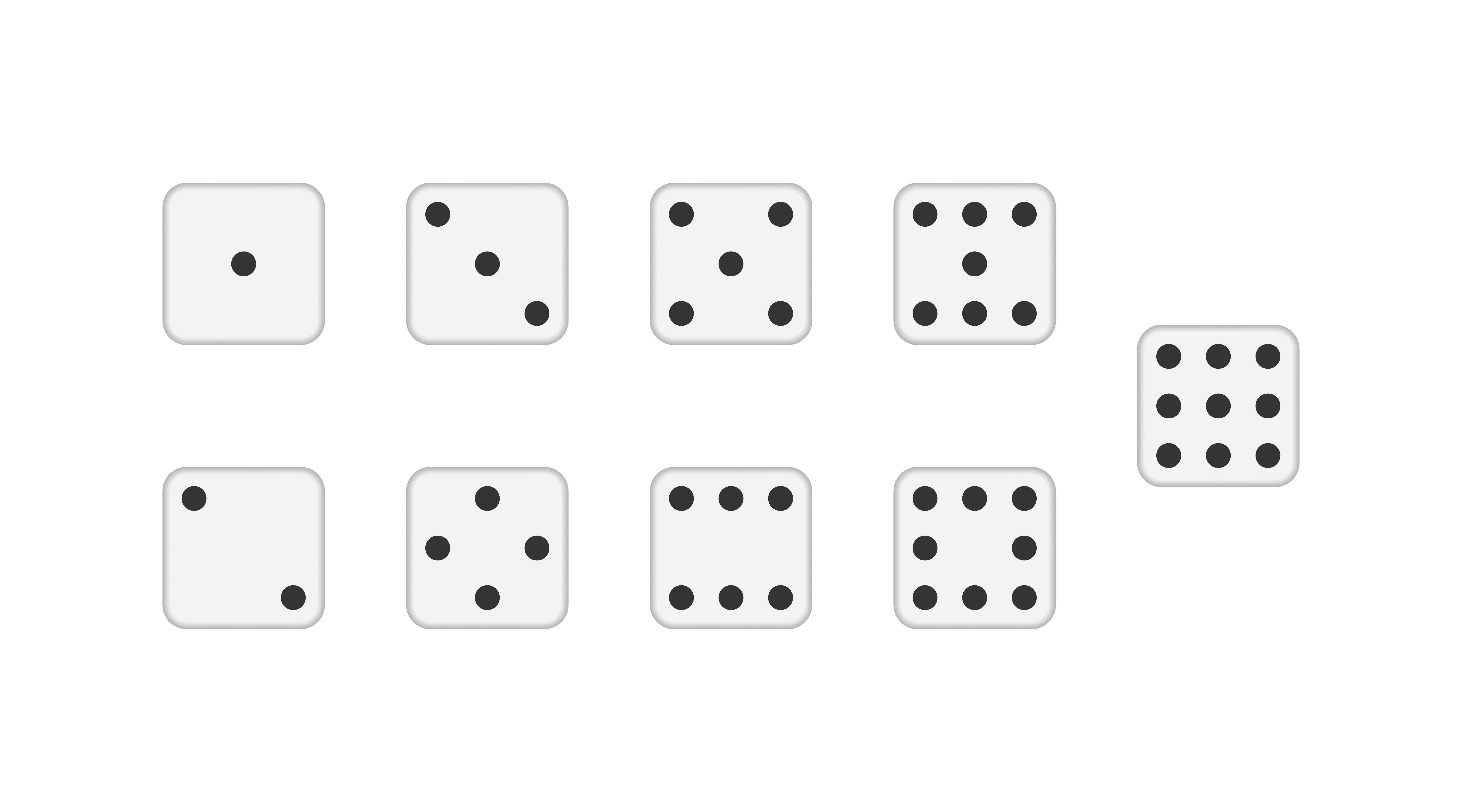Vector Dice. White cubes icons with black circles. Six and nine dice. One two three four five dots. Devils bones poker game