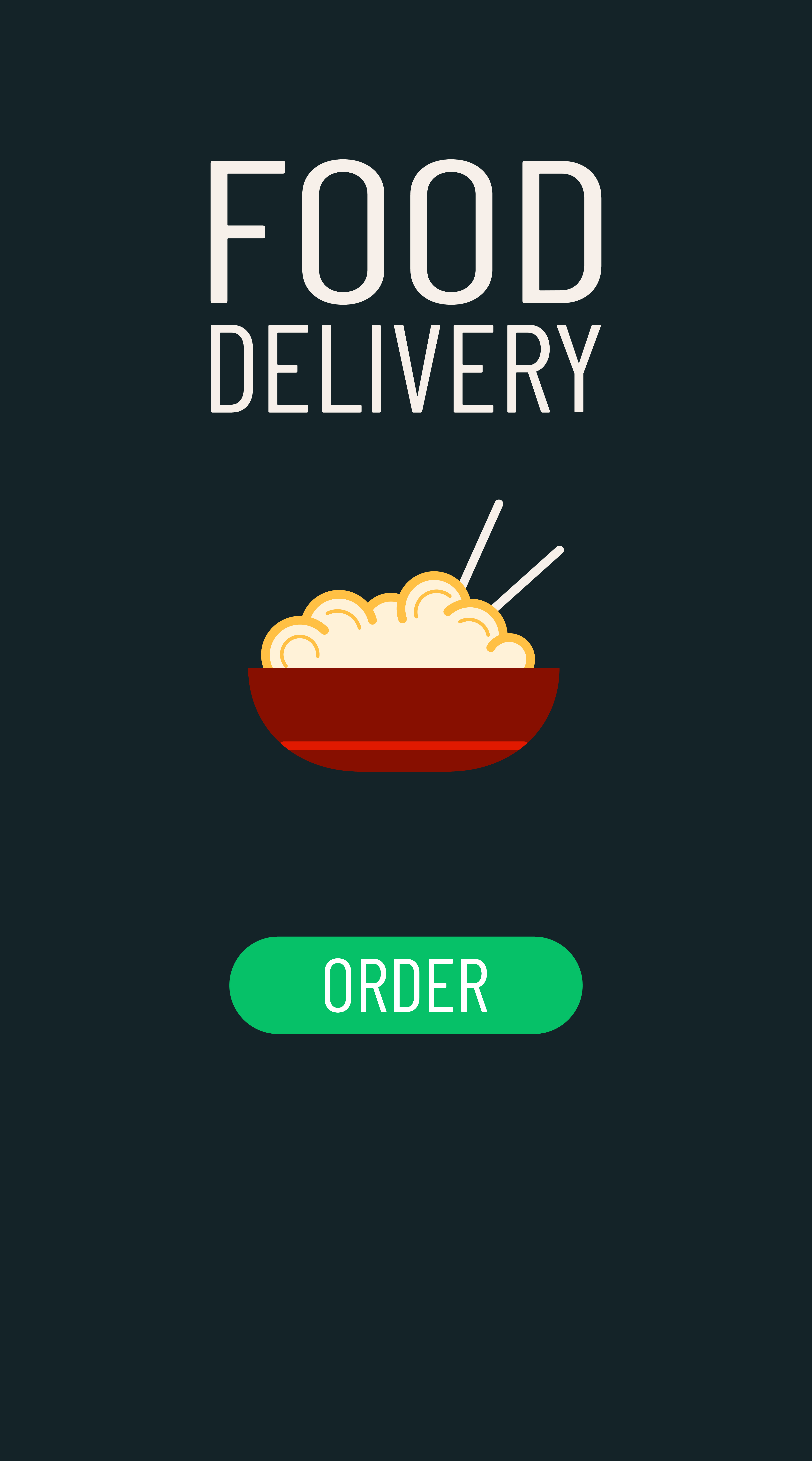 Food delivery order. Smartphone screen with online fast delivery food ordering. White lettering, drawn noodles icon and green button. Vector illustration.