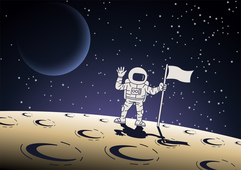 Cartoon version design of astronaut hold the flag on surface of the moon,vector illustration