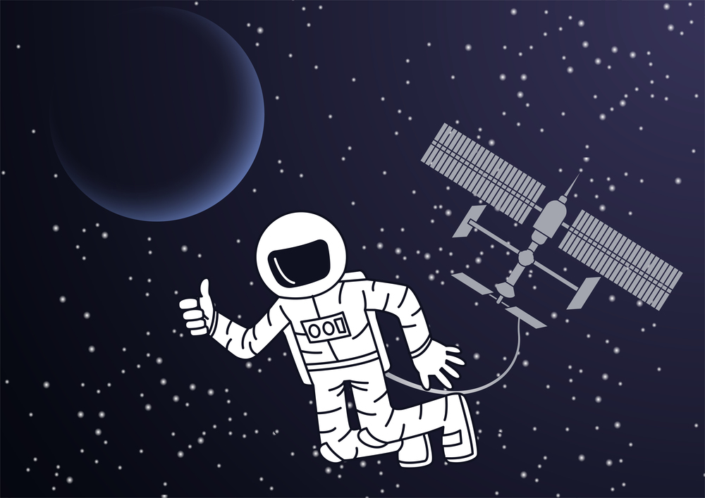 Cartoon version design of astronaut and space station out of the world,vector illustration