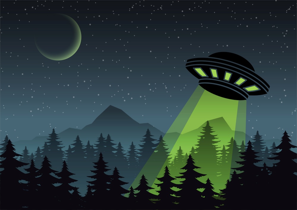 Cartoon version design of UFO fly over the forest,vector illustration