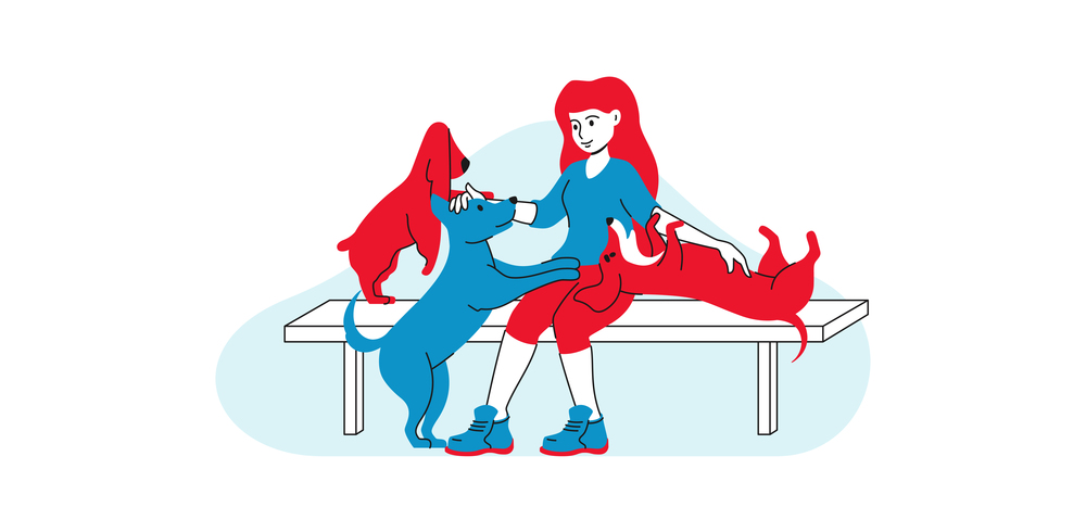 Girl is resting with the dogs on the bench in park flat line graphic style