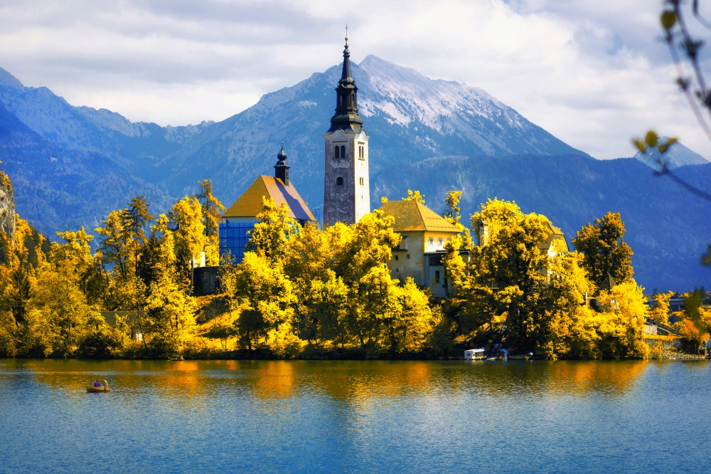 Lake Bled with the Assumption of Mary Pilgrimage Church on the small island, autumn