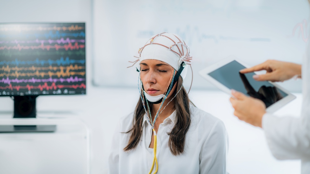 Brainwave EEG or Electroencephalograph Examination in a Clinic. Brainwave EEG or Electroencephalograph Examination of the Brain in a Clinic