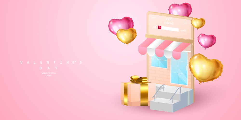 Shopping Online on Website, Happy valentines Day, background Celebration Vector illustration.